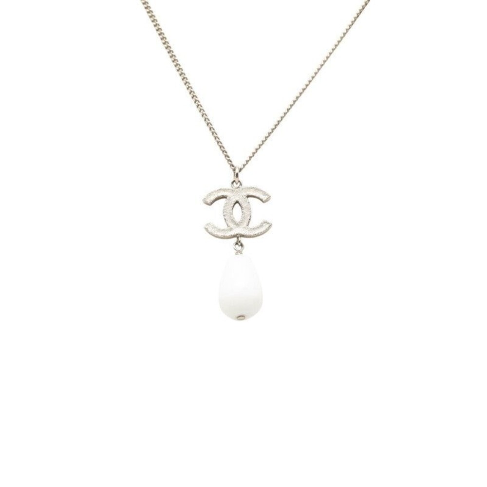 Chanel CC Logo Pendant Necklace Metal Silver